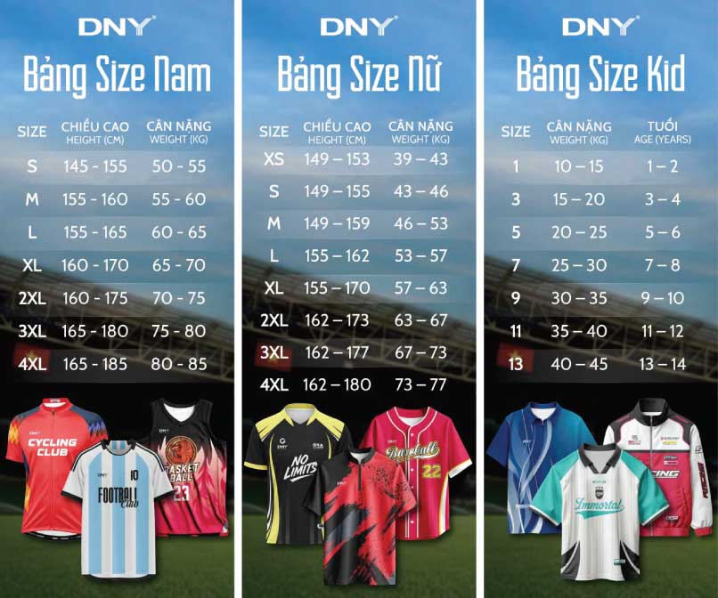bảng size theo chiều cao cân nặng